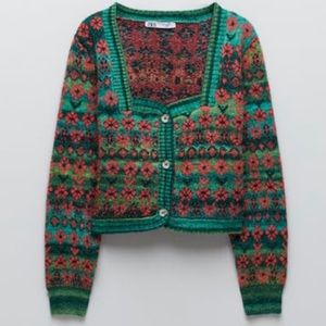 Zara Cropped Knit Jacquard Jacket Sweater